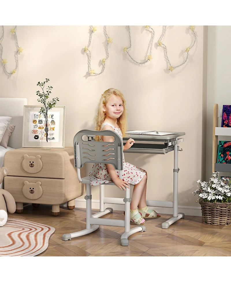 Qaba Height Adjustable Kids Desk and Chairs Set with Tilt Desktop,