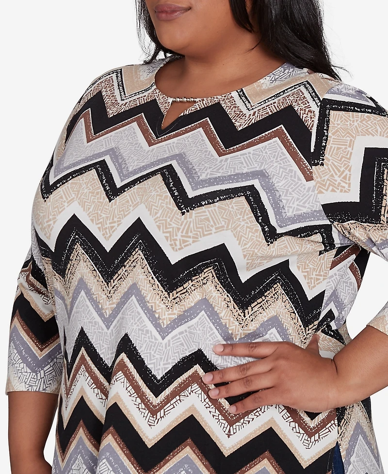 Alfred Dunner Plus Size Zig Zag Split Neck Top
