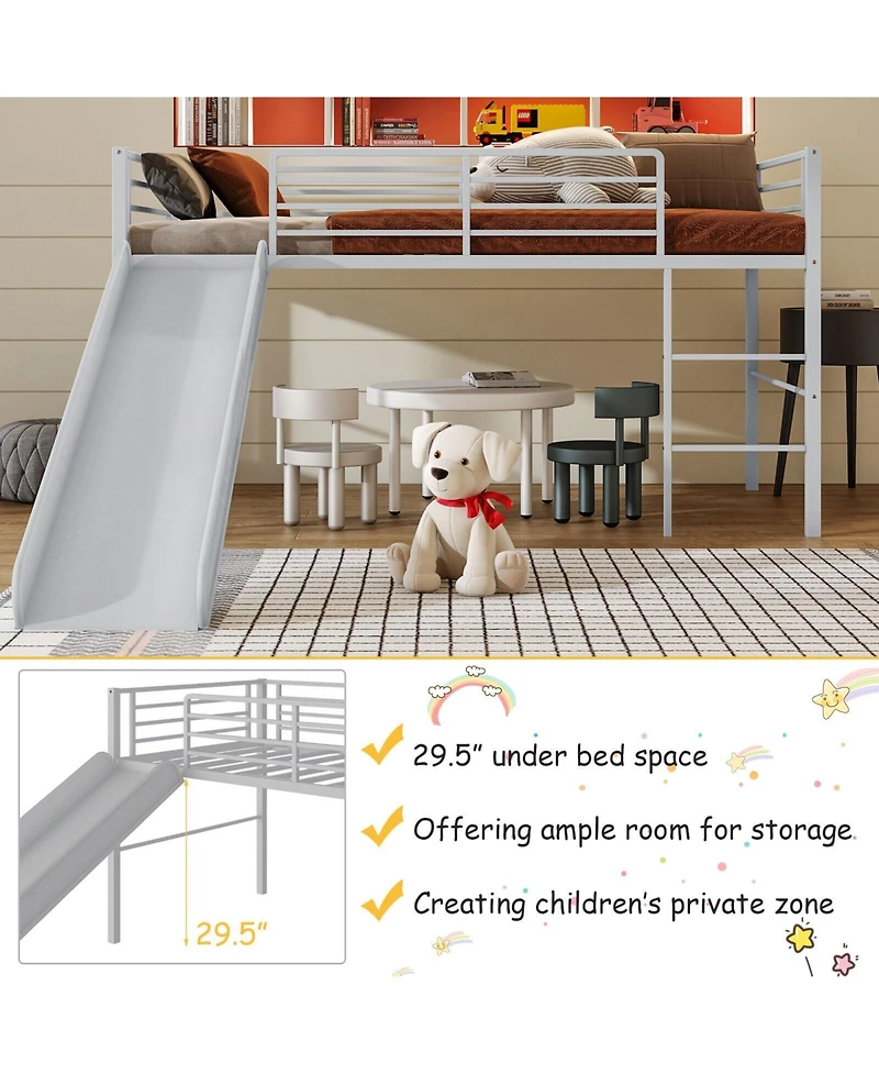 Gouun Twin Metal Loft Bed with Slide Safety Guardrails and Built-in Ladder