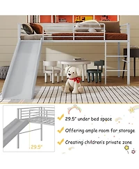 Gouun Twin Metal Loft Bed with Slide Safety Guardrails and Built-in Ladder