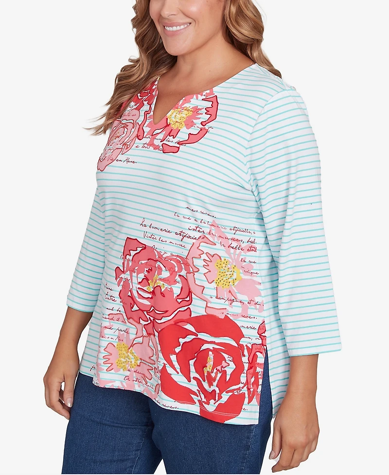 Ruby Rd. Plus Size Floral Embroidered Script Stripe Top