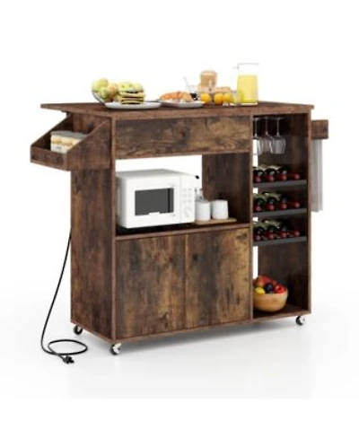 Gouun Drop Leaf Mobile Kitchen Island Cart with Power Outlet Adjustable Shelf