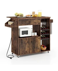 Gouun Drop Leaf Mobile Kitchen Island Cart with Power Outlet Adjustable Shelf