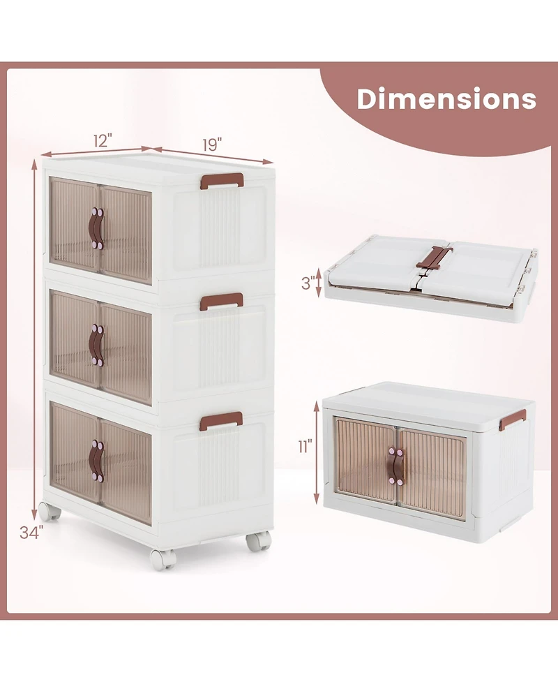 Gouun 3-Tier Stackable Storage Boxes Bins with Magnetic Doors and Lockable Casters-s