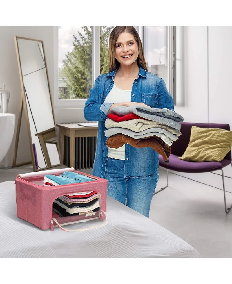 Sorbus 2 Pack Small Foldable Storage Box - Metal Frame, Oxford Fabric, Large Window & Handles - Organization for Bedroom, Linens & Clothes (Pink)