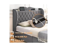 gaomon King Size Bed Frame with Charging Station and 4 Storage Drawers, Velvet Upholstered Tall Tufted Wingback Headboard and Storage Shelf, No Box Sp