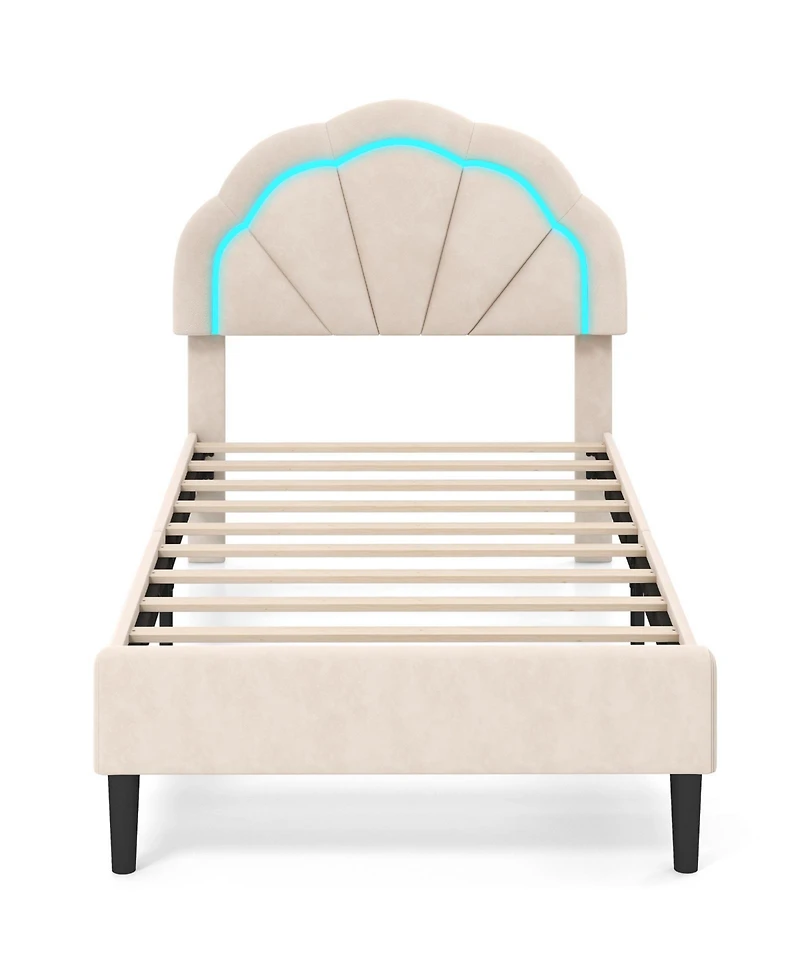 Gouun Upholstered Led Bed Frame with Adjustable Flower Headboard and Metal Support Feet-Twin Size
