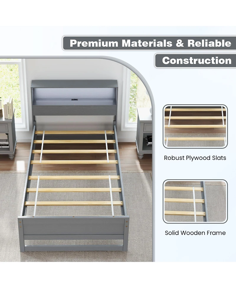 Gouun Twin Size Bed Frame with Storage Headboard Charging Station
