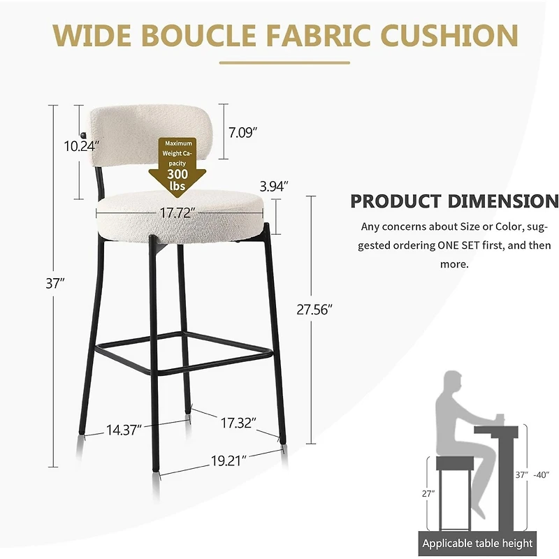 Dyhome Bar Stools Set of 2, 27 Inches Counter Height Kitchen with Back, Modern Metal Tall for Island