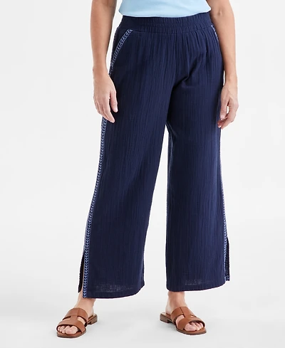 Style & Co Women's Cotton Embroidered Wide-Leg Gauze Pants, Exclusively at Macy's