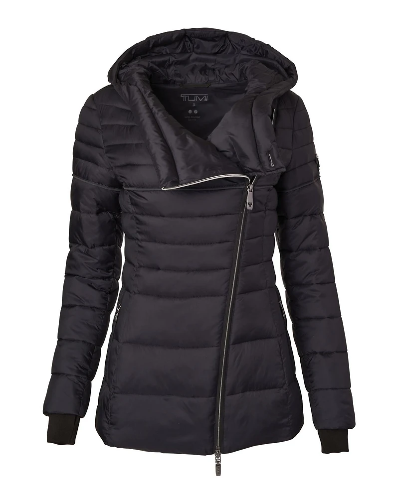 Tumi Women's Asymmetrical Zip Cowl Neck Quilted Midweight Puffer Coat with Prima Loft Fill