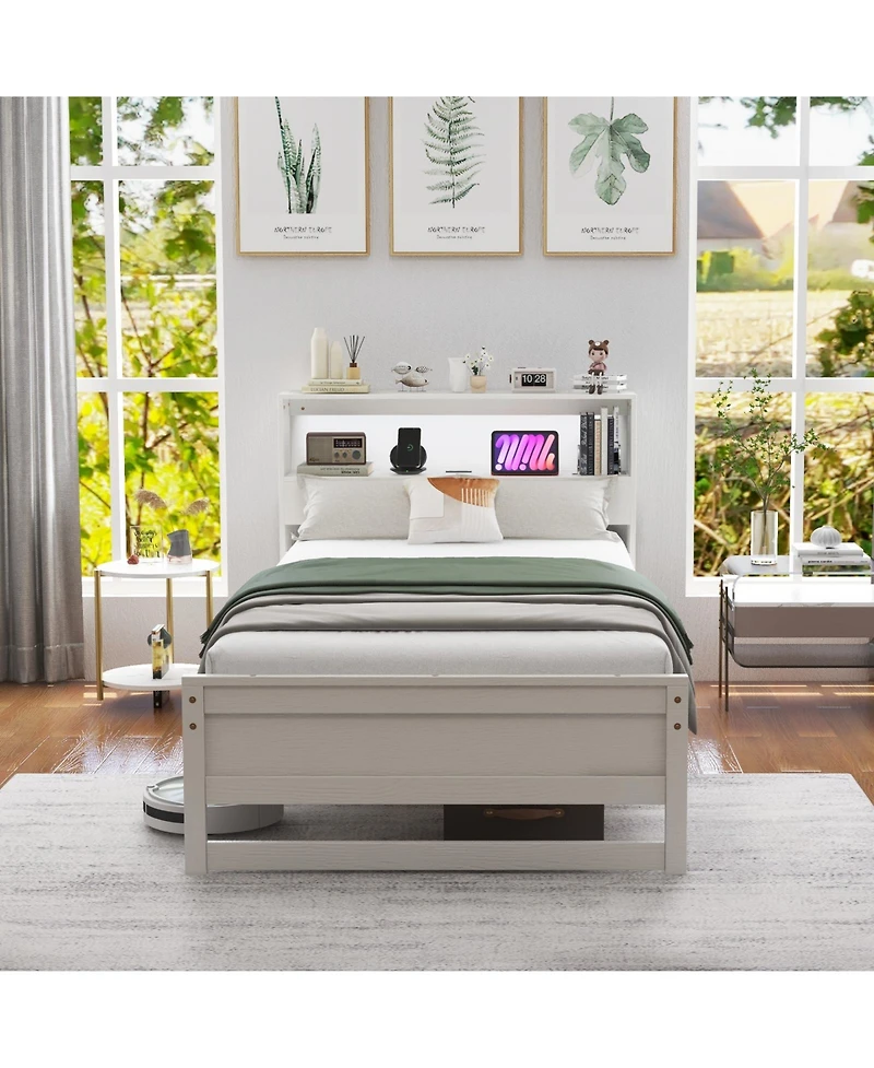 Gouun Twin Size Bed Frame with Storage Headboard Charging Station