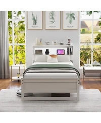 Gouun Twin Size Bed Frame with Storage Headboard Charging Station