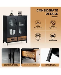 Gouun Kitchen Industrial Buffet Sideboard with Tempered Glass Doors