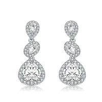Sterling Silver White Gold Plated with Clear Pear, Oval & Round Cubic Zirconia Halo Three Tier Drop Earrings