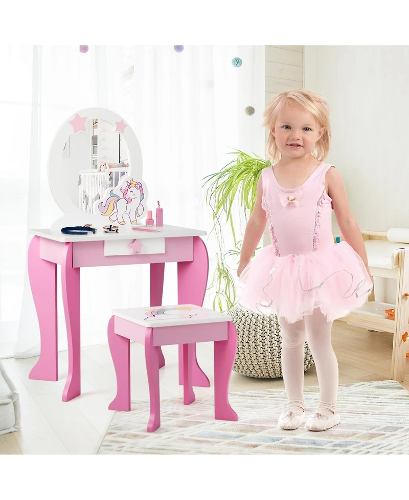Gouun Kids Wooden Makeup Dressing Table and Chair Set with Mirror and Drawer