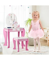 Gouun Kids Wooden Makeup Dressing Table and Chair Set with Mirror and Drawer