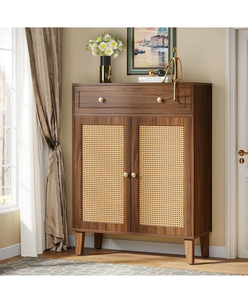 Tribesigns Shoe Cabinet with Doors and Drawer, Modern Shoe Storage Cabinet for Entryway, Rattan Wooden Shoe Organize with Adjustable Shelf