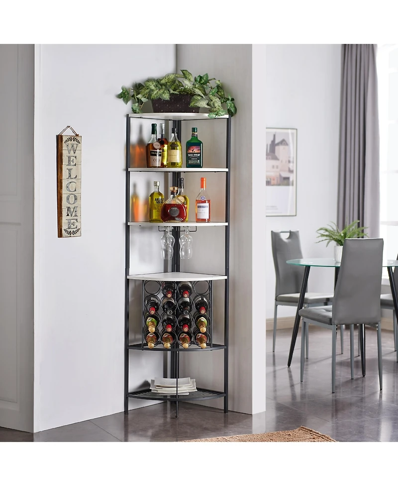 Kings Brand Furniture 5 Tier Corner Wine Rack with Glass Holder and Storage Shelves, Wine Bar Cabinet for Living Room, Dining Room, Kitchen