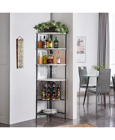 Kings Brand Furniture 5 Tier Corner Wine Rack with Glass Holder and Storage Shelves, Wine Bar Cabinet for Living Room, Dining Room, Kitchen