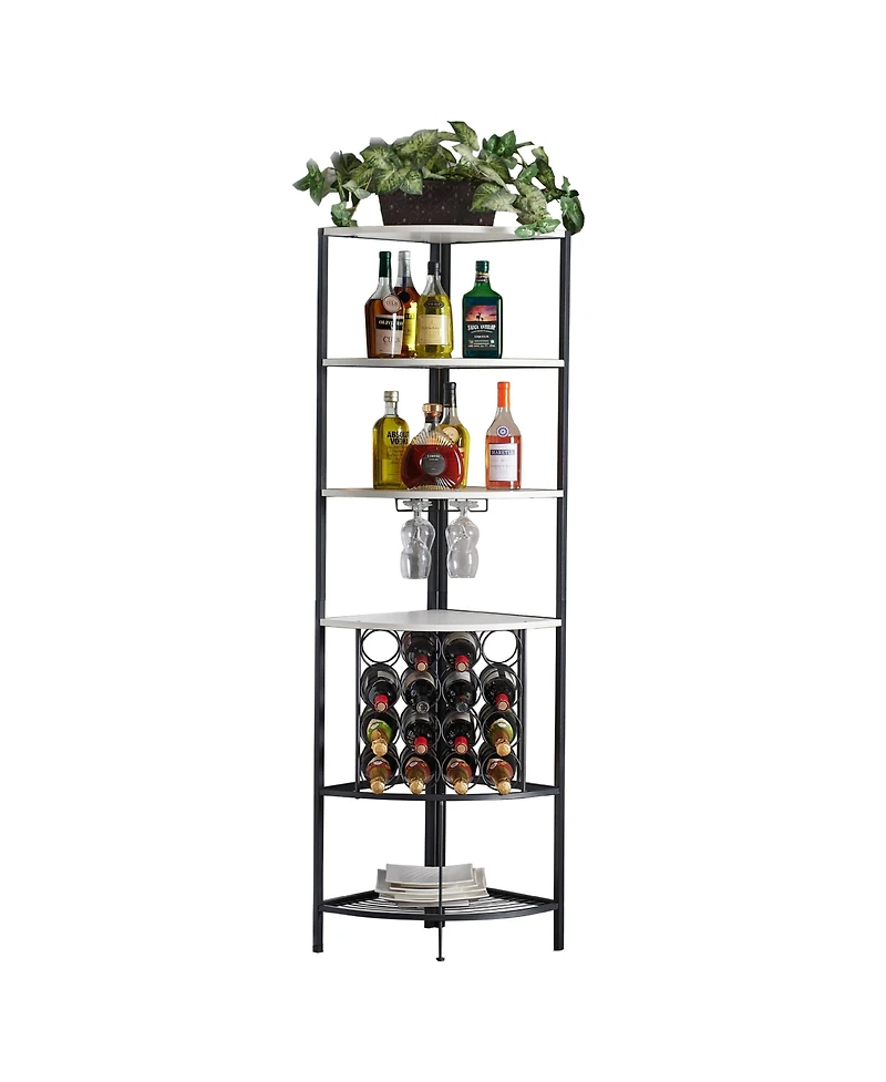 Kings Brand Furniture 5 Tier Corner Wine Rack with Glass Holder and Storage Shelves, Wine Bar Cabinet for Living Room, Dining Room, Kitchen