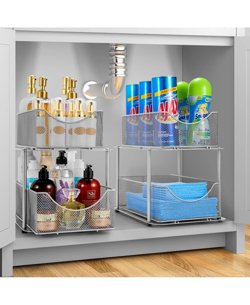 Sorbus 2 Pack 2 Tier Baskets with Mesh Sliding Drawers - Ideal Cabinet, Under the Sink, etc - Great for Bathroom, Kitchen, Office, etc. (Silver