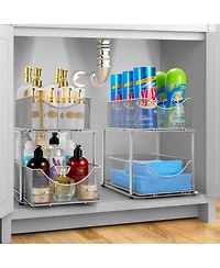 Sorbus 2 Pack 2 Tier Baskets with Mesh Sliding Drawers - Ideal Cabinet, Under the Sink, etc - Great for Bathroom, Kitchen, Office, etc. (Silver