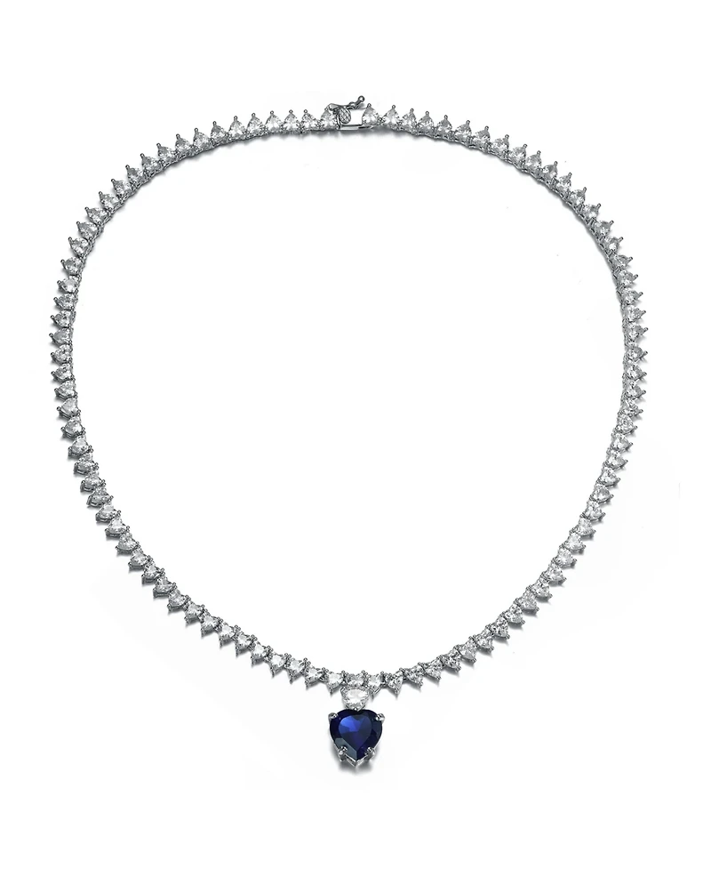 Luxurious White Gold Plated Heart Tennis Necklace with Blue Heart Charm