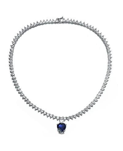 Luxurious White Gold Plated Heart Tennis Necklace with Blue Heart Charm