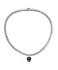 Luxurious White Gold Plated Heart Tennis Necklace with Blue Heart Charm