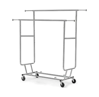 Slickblue Heavy Duty Double Bar Clothes Hanging Garment Rack on Lockable Wheels Durable and Secure