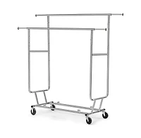 Slickblue Heavy Duty Double Bar Clothes Hanging Garment Rack on Lockable Wheels Durable and Secure