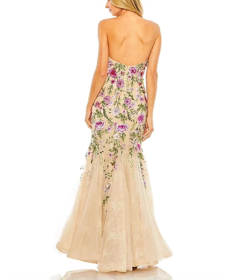 Mac Duggal Women's Strapless Sheer Bustier Embroidered Mermaid Gown