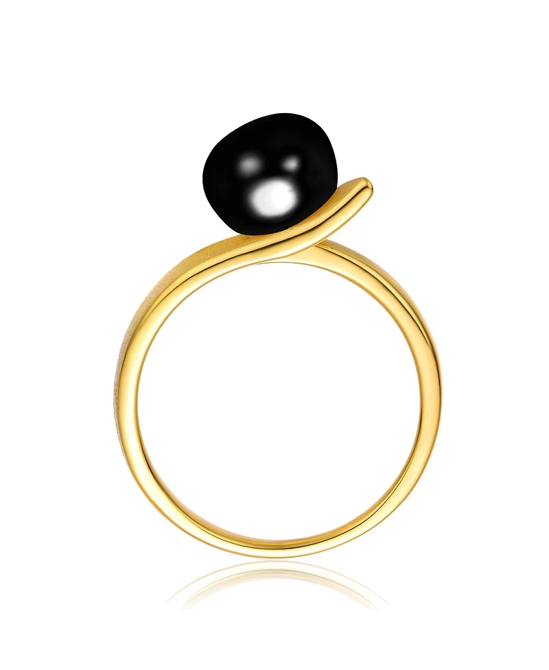 Sterling Silver 14K Gold Plated with 8MM Black Onyx Freshwater Pearl Linear Ring