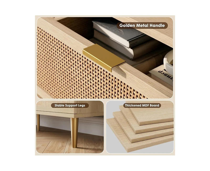 Rattan 6 Drawer Dresser for Bedroom with Wide Top, Large Double Dresser for Closet with Deep Drawers, Wooden Chest of Drawer for Living Room, Entryway