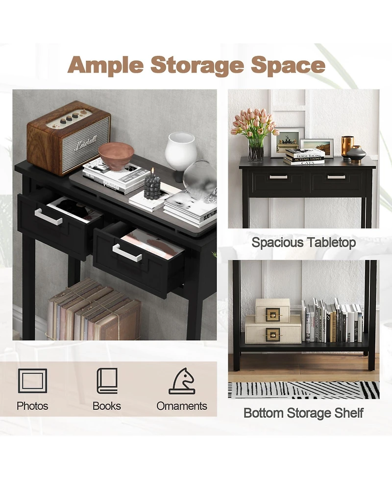 Gouun Narrow Console Table with Drawers and Open Storage Shelf