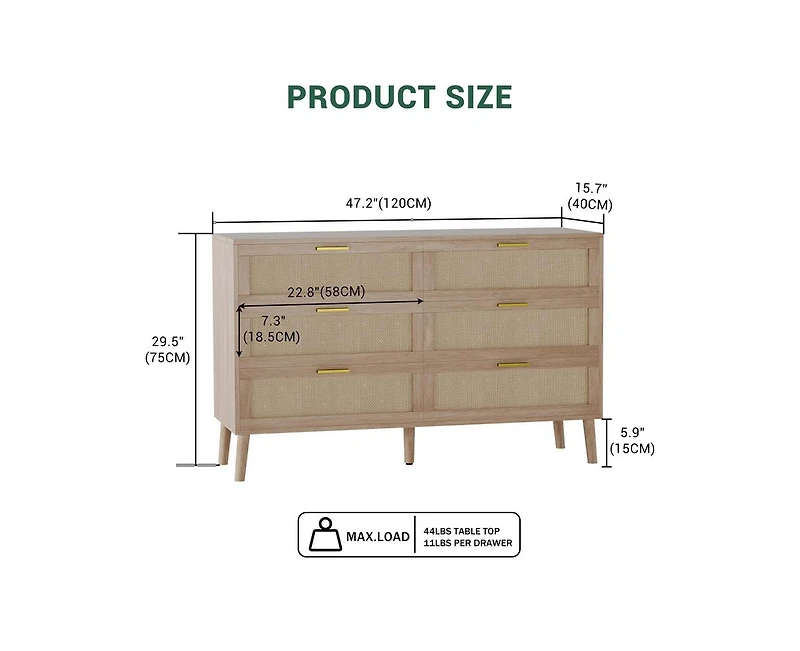 gaomon 6 Drawer Rattan Dresser, 47.2" x 15.7" x 29.5" Rattan Chest of Dressers, Mid Century Modern Dresser for Closet with Handles, Large Table Top