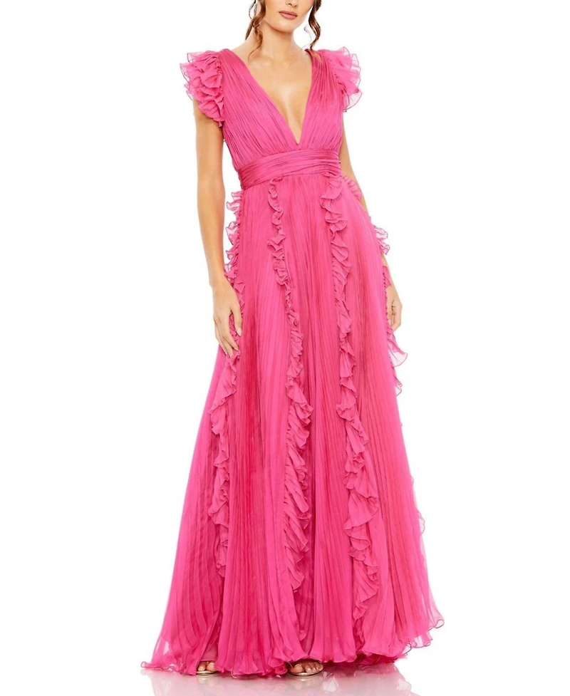 Mac Duggal Women's Pleated Ruffle Cap Sleeve Flowy A Line Gown