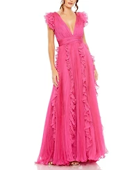 Mac Duggal Women's Pleated Ruffle Cap Sleeve Flowy A Line Gown