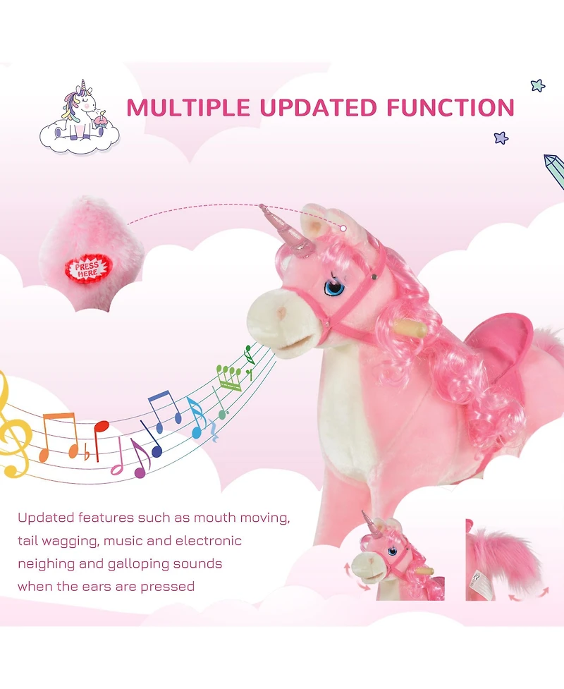 Qaba Kids Rocking Horse, Ride on Unicorn w/ Wooden Base, Tail Wag & Sounds