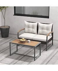 2 Pieces Patio Pe Wicker Furniture Set with Acacia Wood Table
