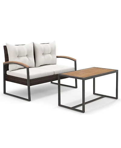 2 Pieces Patio Pe Wicker Furniture Set with Acacia Wood Table