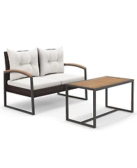 2 Pieces Patio Pe Wicker Furniture Set with Acacia Wood Table