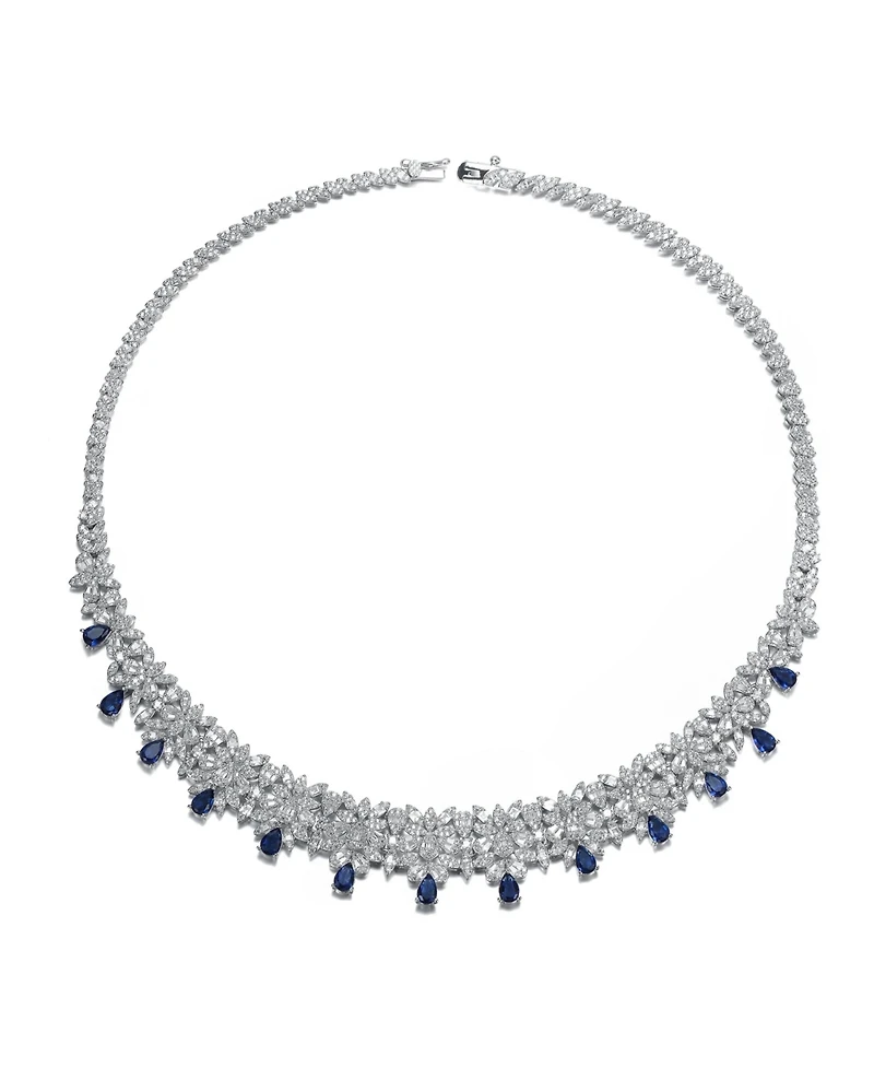Radiant Elegance White Gold Plated Blue Drop Tennis Necklace