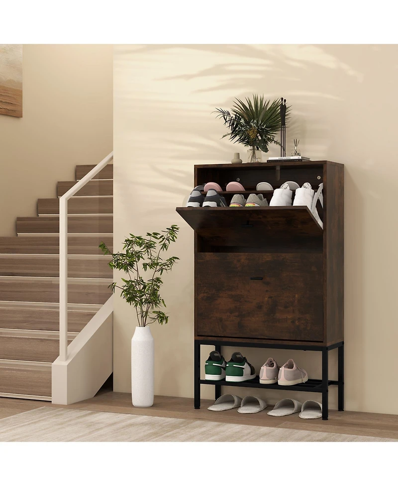 Gouun Industrial Shoe Storage Cabinet with 2 Flip Drawers and 1 Bottom Metal Shelf