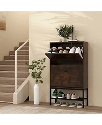 Gouun Industrial Shoe Storage Cabinet with 2 Flip Drawers and 1 Bottom Metal Shelf