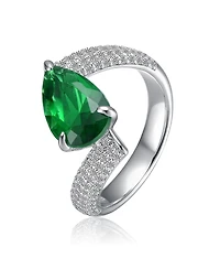 White Gold Plated with Green Pear-Shaped Cubic Zirconia Bypass Ring