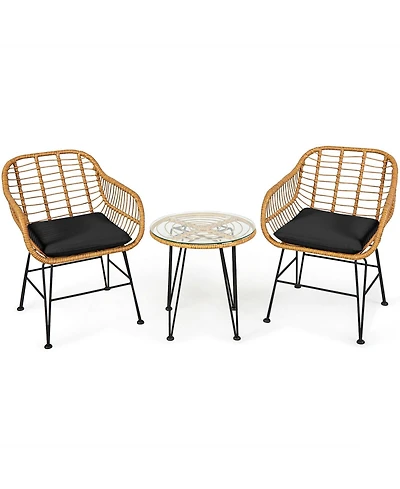 3 Pieces Rattan Furniture Set with Cushioned Chair Table