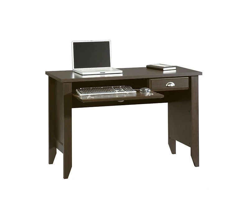 Writing Desk with Keyboard Tray – Compact Computer Table in Mocha Wood Finish for Small Spaces