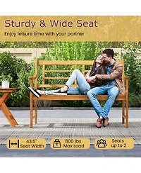Gouun Patio Acacia Wood Bench with Curved Armrests Slatted Seat and Backrest